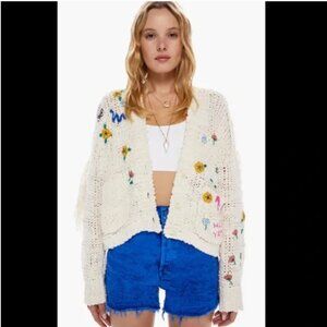 Mother Easy Drop Cardigan Fields on Fire White Fringe XS